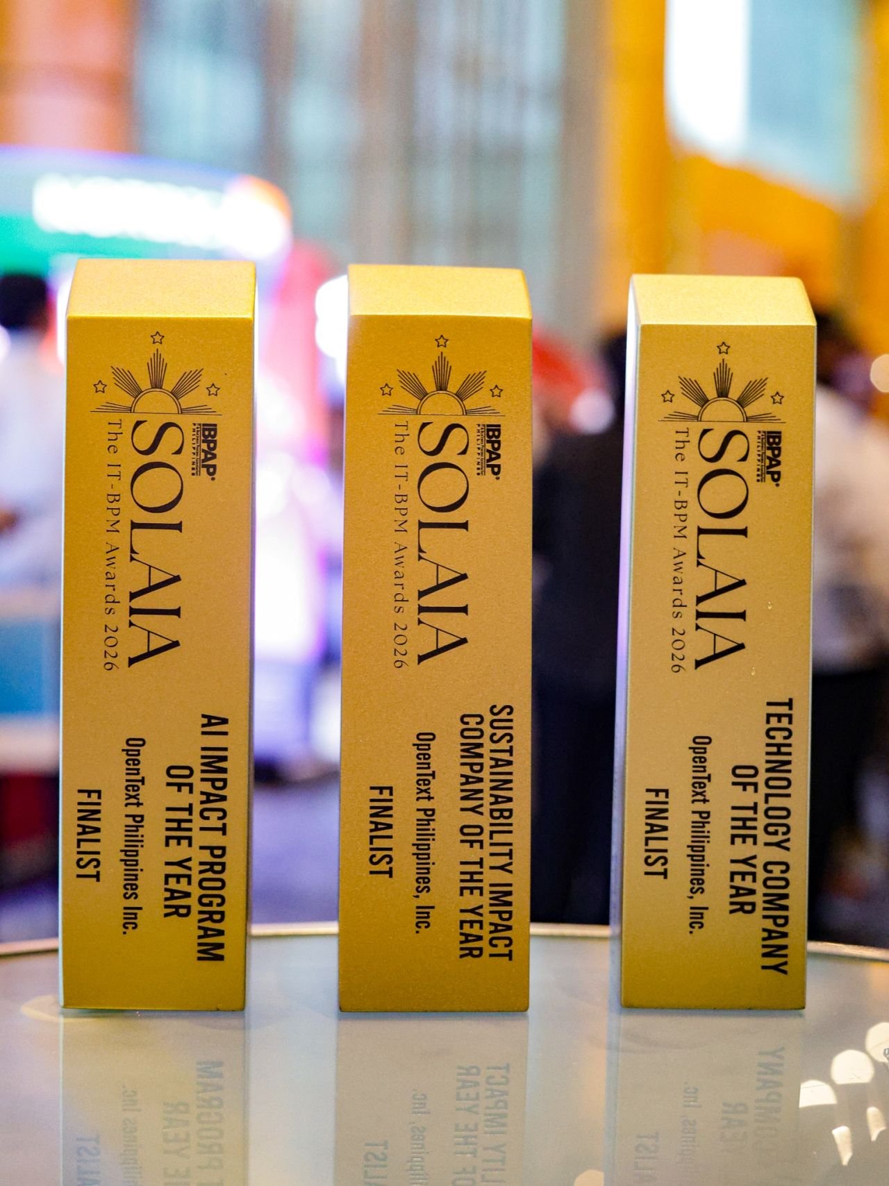 Three gold SOLAIA IT-BPM Awards 2026 finalist trophies awarded to OpenText Philippines, Inc.